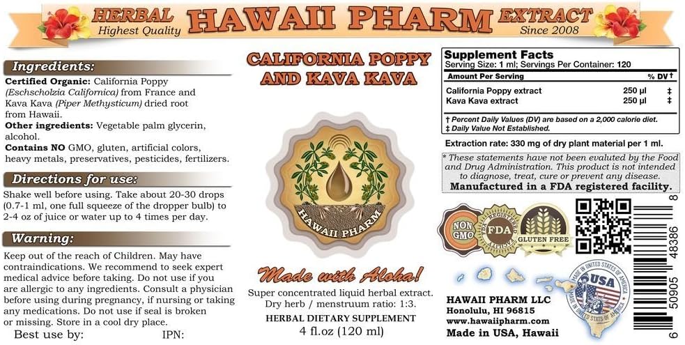 Hawaii Pharm Liquid Extract Combo: California Poppy and Kava Kava 60 oz
