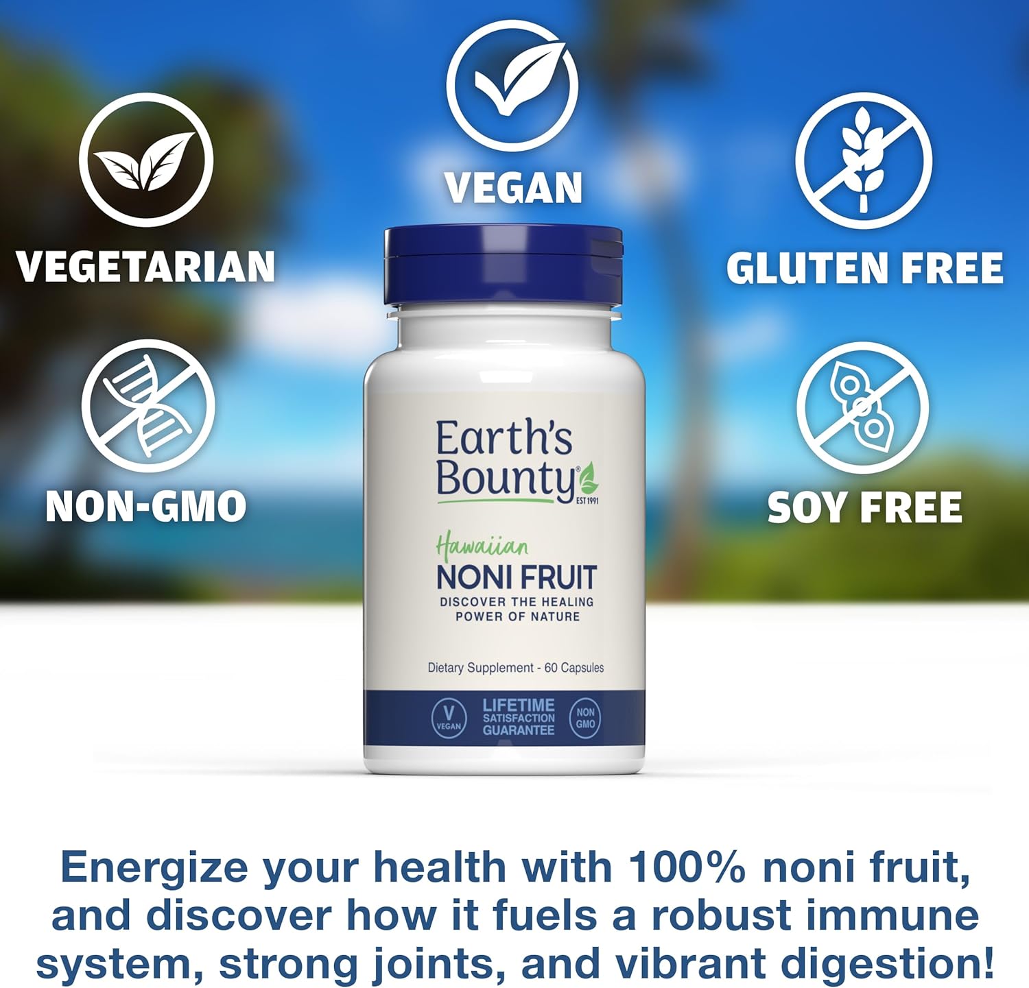 Hawaiian Noni Fruit Capsules - 60 Veggie Caps - Supports Immune System & Joint Health - 100% Pure Noni - Vegetarian Formula