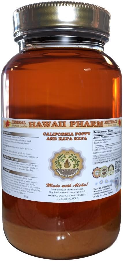 HawaiiPharm California Poppy and Kava Kava Liquid Extract - 32 oz Unfiltered Formula