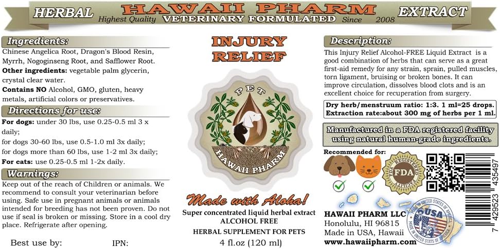 HawaiiPharm Injury Relief for Pets - Natural Alcohol-Free Liquid Extract, Herbal Supplement 4 oz Bottle