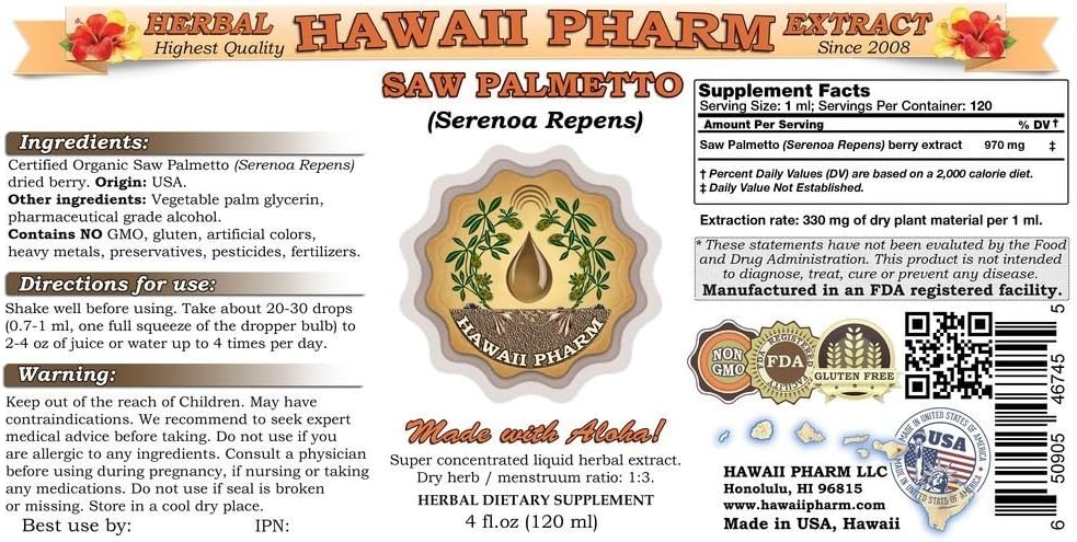 HawaiiPharm Saw Palmetto Liquid Extract - 4 fl.oz - Serenoa Repens Supplement