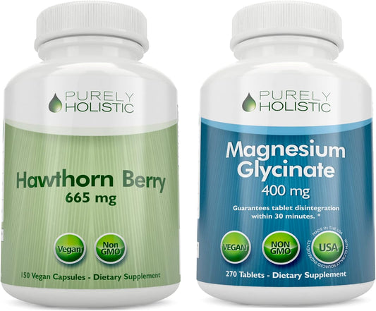 Hawthorn Berry & Magnesium Glycinate Bundle - 815mg, 150 Capsules & 270 Tablets - Vegan, Made in USA