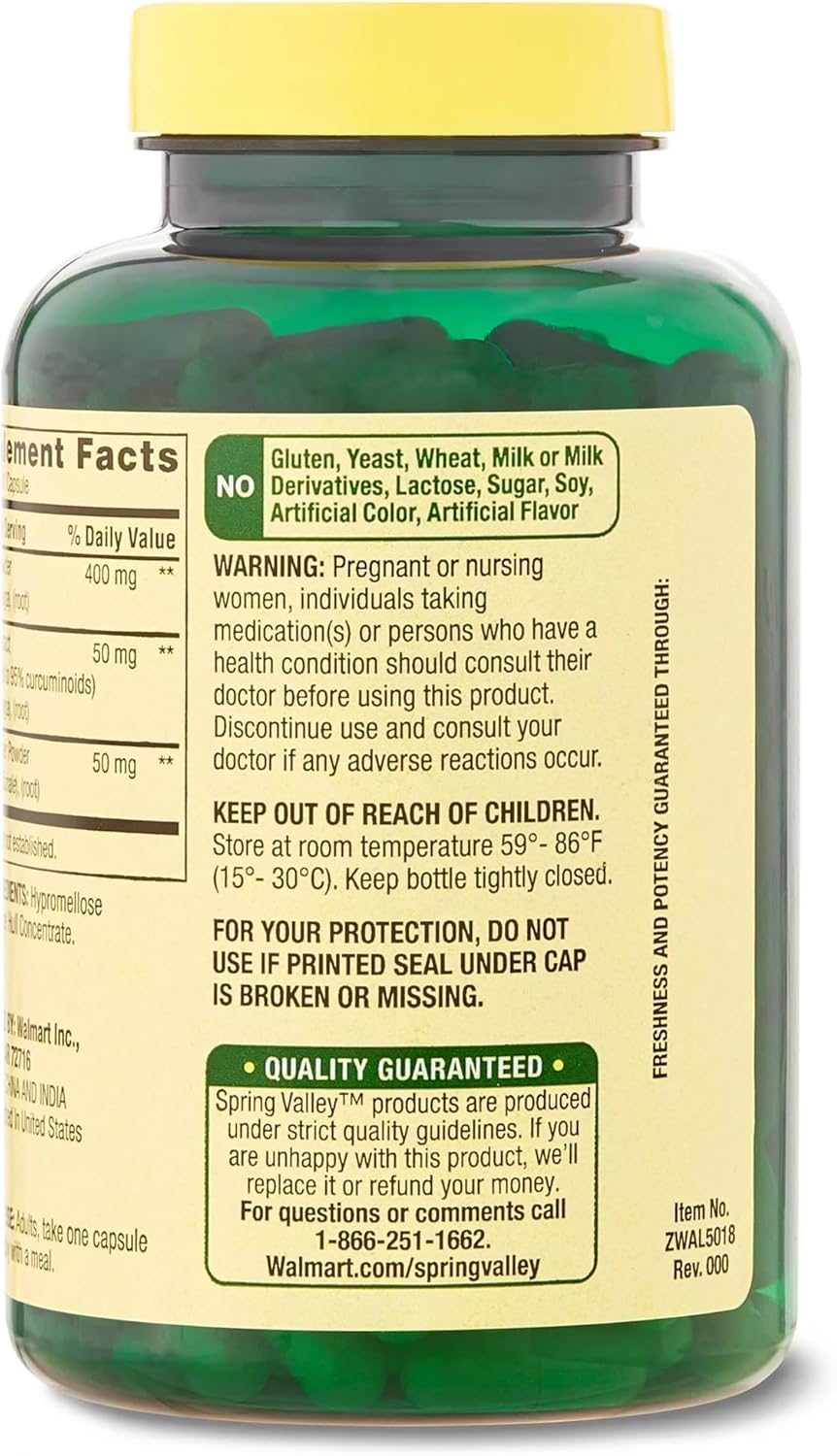 Hayvi Spring Valley Turmeric Curcumin with Ginger Powder Dietary Supplement, 500 mg, 180 Count + Pill Container