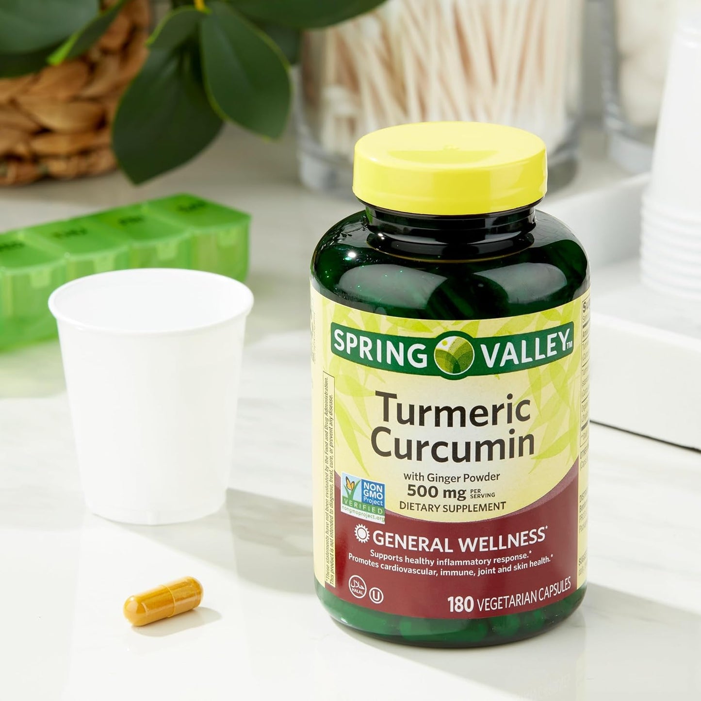Hayvi Spring Valley Turmeric Curcumin with Ginger Powder Dietary Supplement, 500 mg, 180 Count + Pill Container