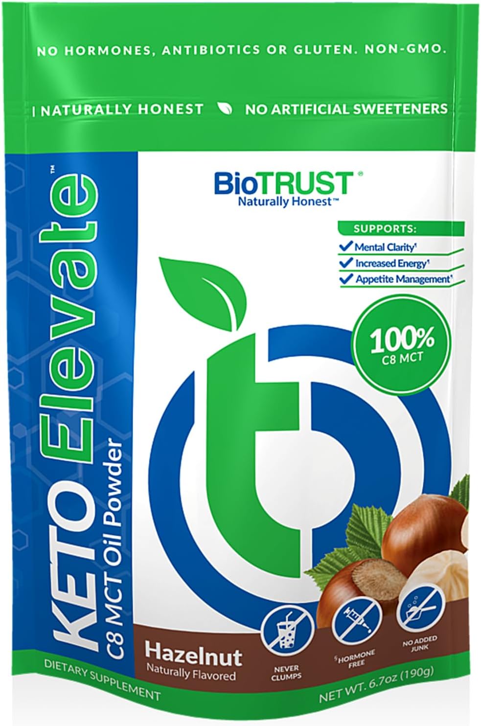 Hazelnut BioTrust Keto Elevate: Pure C8 MCT Oil Powder for Clean Energy & Mental Focus - Non-GMO Ketogenic Diet Supplement & Paleo Coffee Creamer (20 Servings)