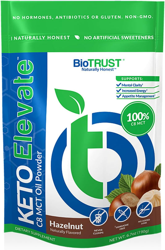 Hazelnut BioTrust Keto Elevate: Pure C8 MCT Oil Powder for Clean Energy & Mental Focus - Non-GMO Ketogenic Diet Supplement & Paleo Coffee Creamer (20 Servings)