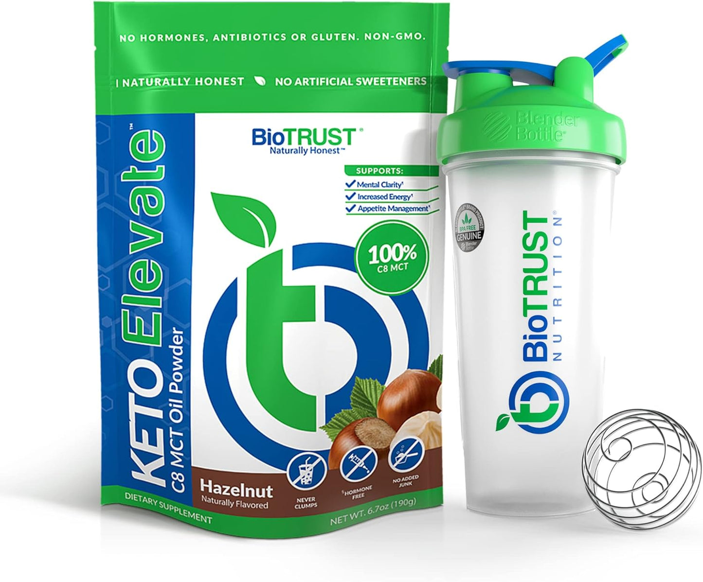 Hazelnut BioTrust Keto Elevate Pure C8 MCT Oil Powder Bundle with BlenderBottle