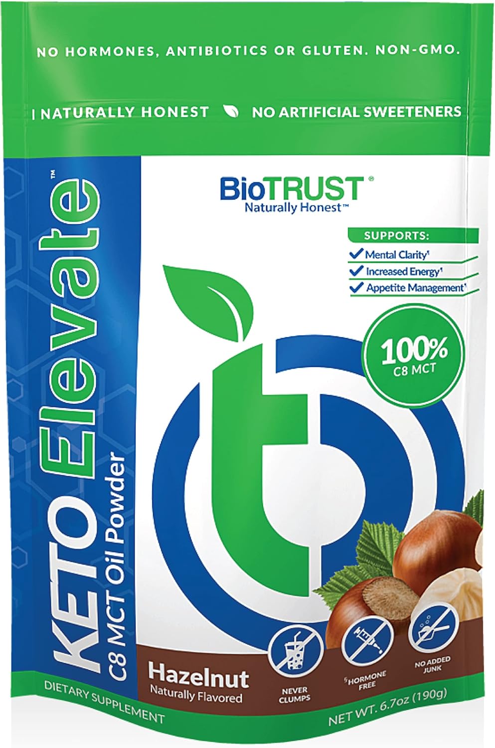Hazelnut BioTrust Keto Elevate Pure C8 MCT Oil Powder Bundle with BlenderBottle