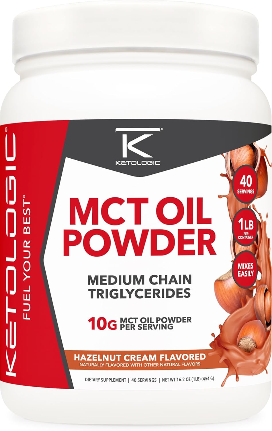 Hazelnut Cream Ketologic MCT Oil Powder - 1 LB, 40 Servings Medium Chain Triglycerides Supplement