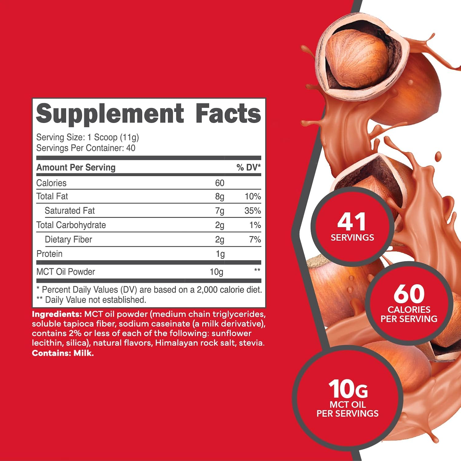 Hazelnut Cream Ketologic MCT Oil Powder - 1 LB, 40 Servings Medium Chain Triglycerides Supplement