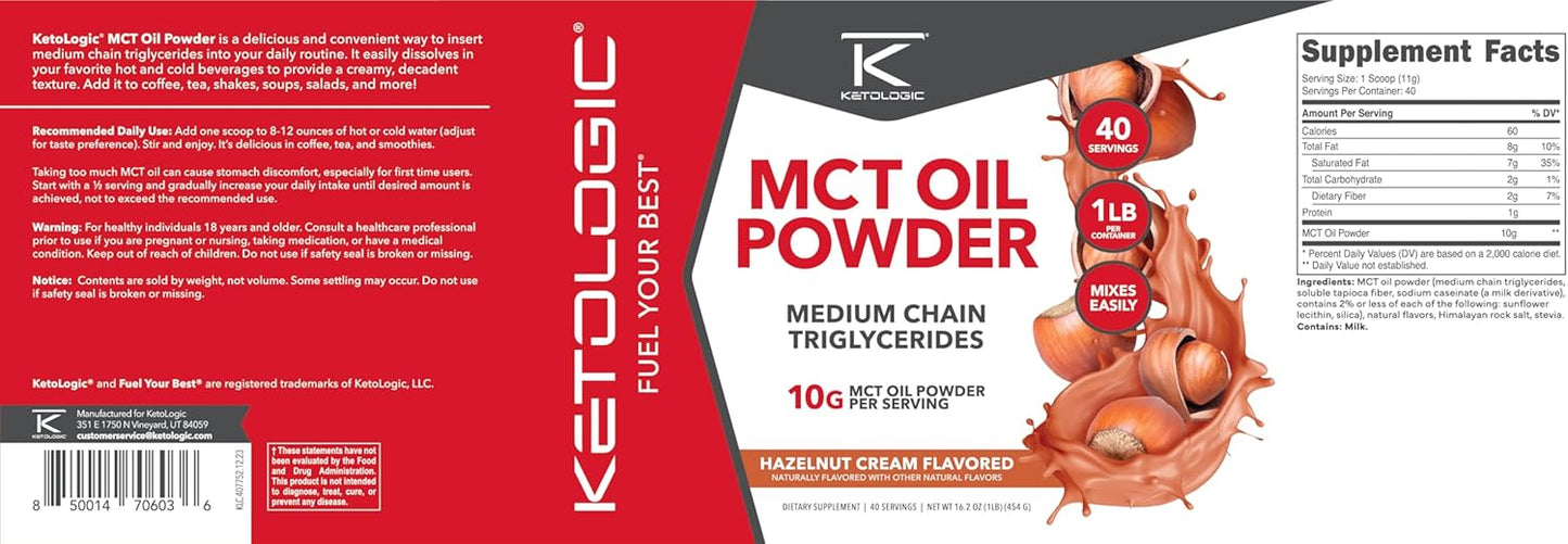 Hazelnut Cream Ketologic MCT Oil Powder - 1 LB, 40 Servings Medium Chain Triglycerides Supplement