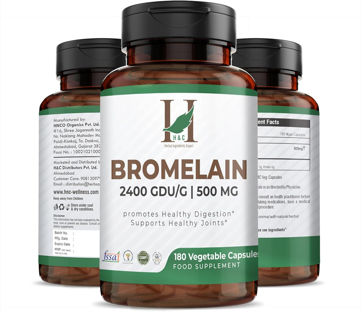H&C Bromelain 500mg Veg Capsules - 180 Count Pineapple Extract Supplement with Herbal Ingredients