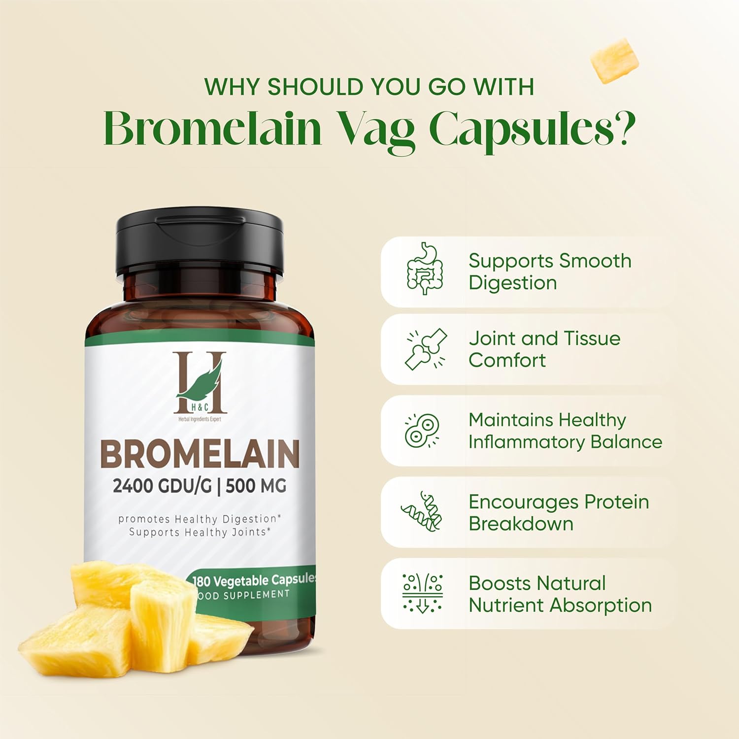 H&C Bromelain 500mg Veg Capsules - 180 Count Pineapple Extract Supplement with Herbal Ingredients