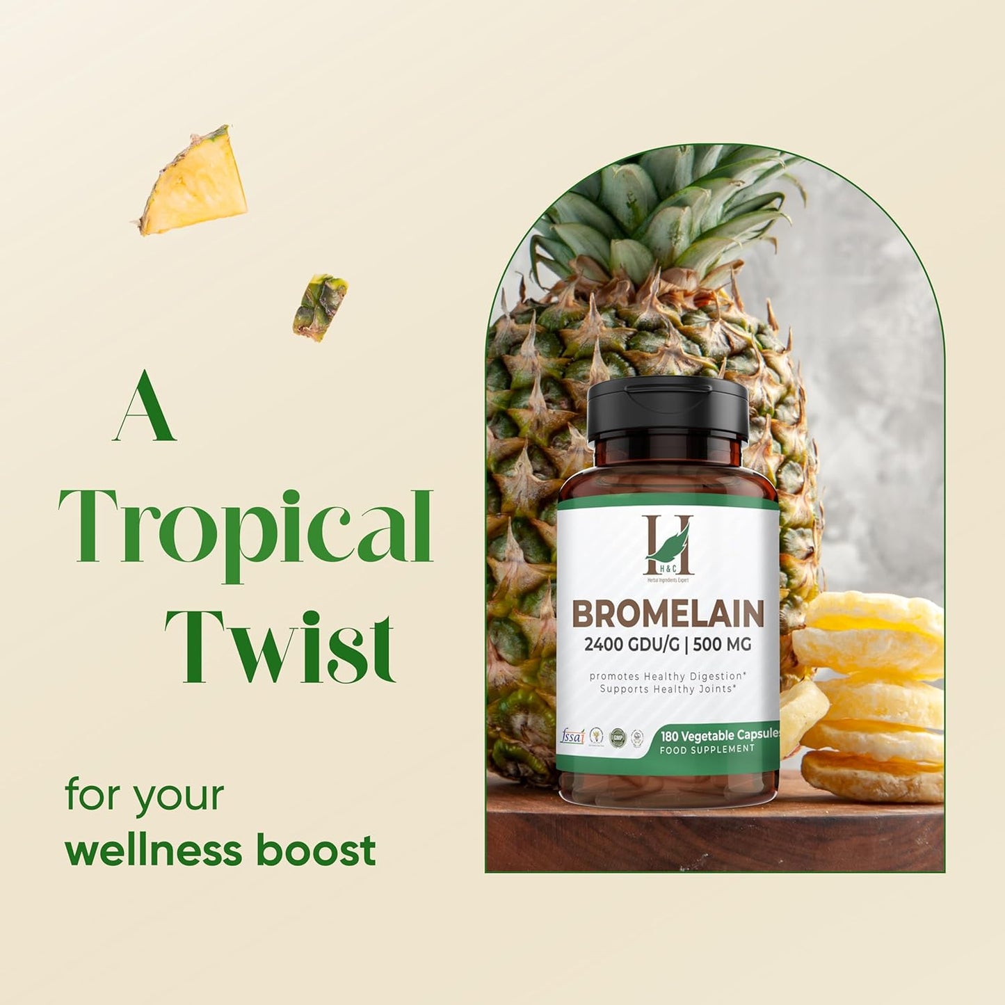 H&C Bromelain 500mg Veg Capsules - 180 Count Pineapple Extract Supplement with Herbal Ingredients