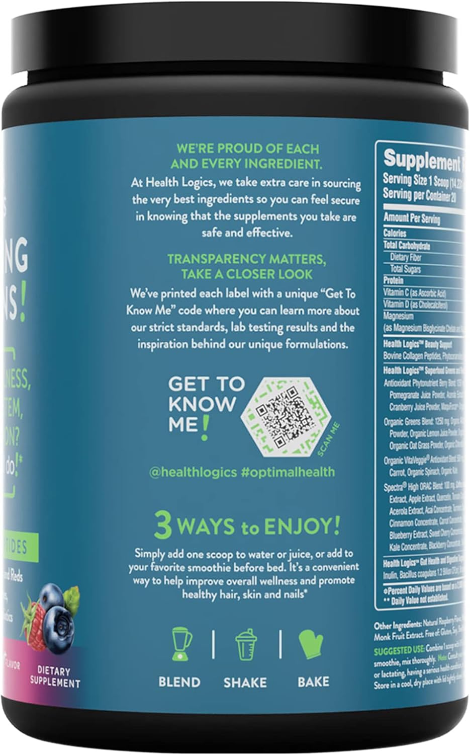 Health Logics Glowing Greens Superfood Powder with Collagen Peptides for Immune, Digestive, and Gut Health Support - Antioxidant Rich Blend with Prebiotics and Probiotics to Improve Wellness