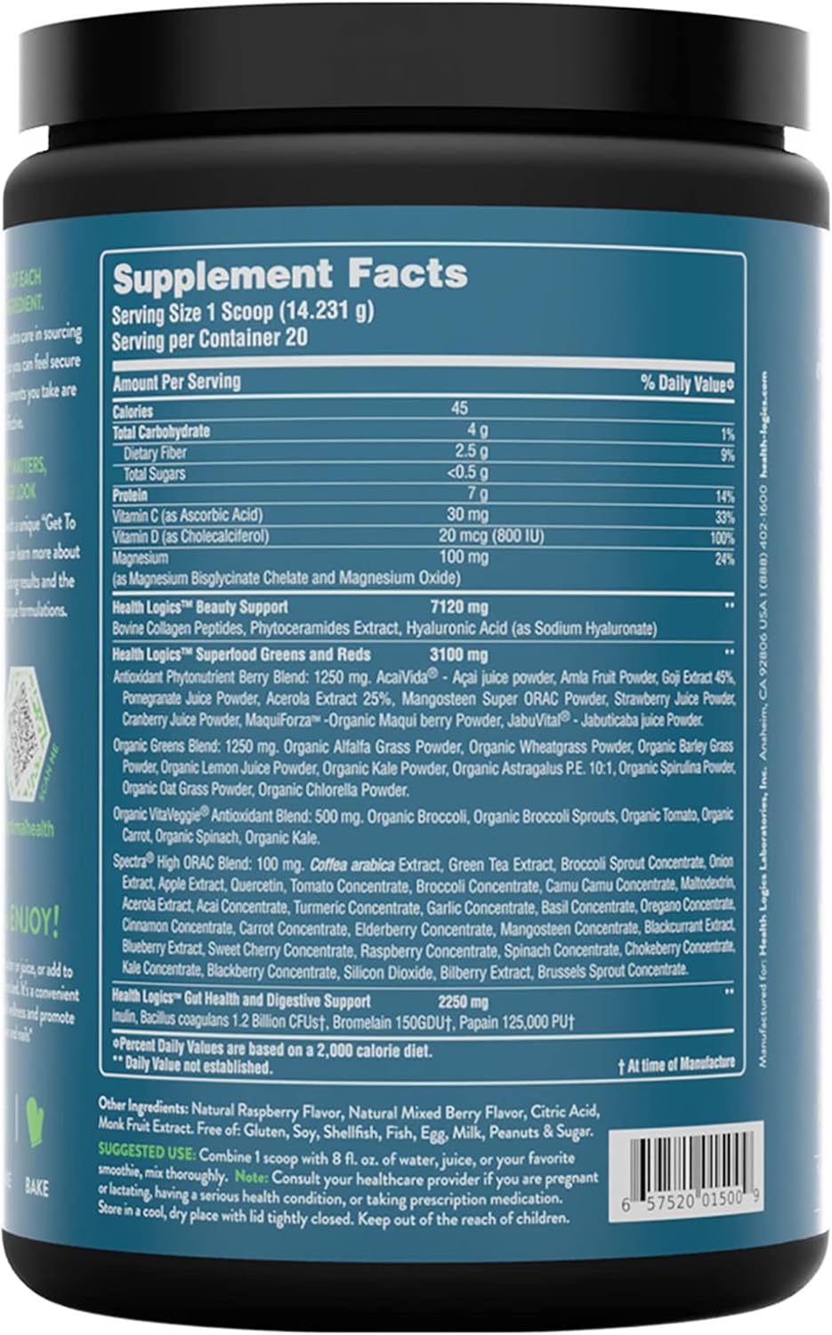 Health Logics Glowing Greens Superfood Powder with Collagen Peptides for Immune, Digestive, and Gut Health Support - Antioxidant Rich Blend with Prebiotics and Probiotics to Improve Wellness