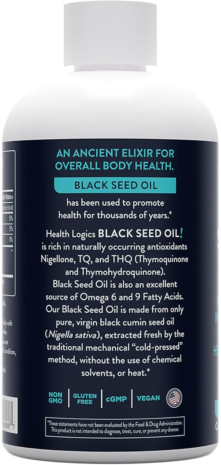 Health Logics Pure Cold Pressed Black Seed Oil - 6 fl oz | Rich in Omega 6 & Omega 9 for Respiratory, Digestive & Immune Support