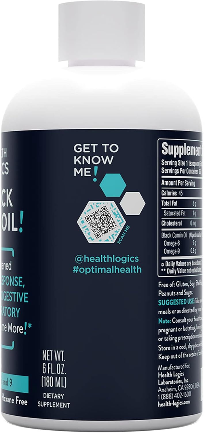 Health Logics Pure Cold Pressed Black Seed Oil - 6 fl oz | Rich in Omega 6 & Omega 9 for Respiratory, Digestive & Immune Support
