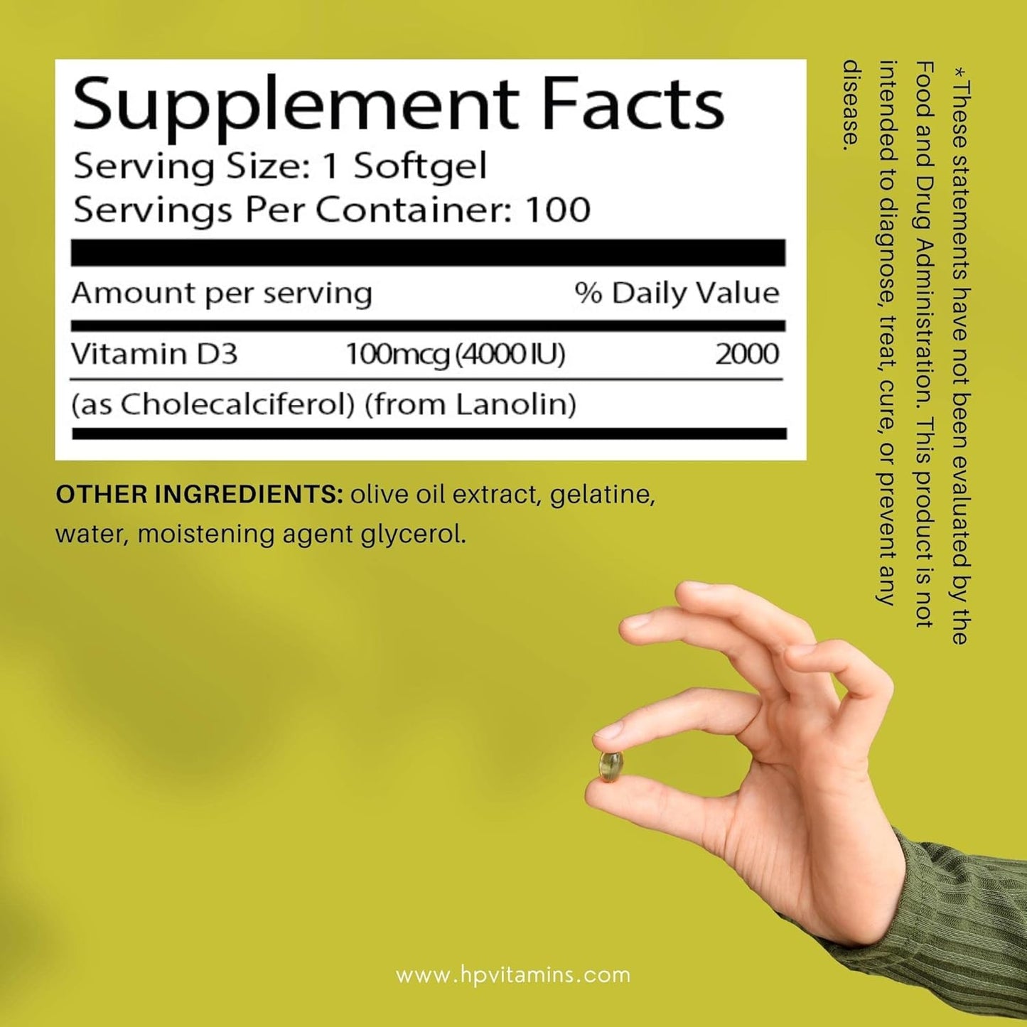 Health Pyramid Vitamin D3 Softgel 4000 IU - Easy to Swallow Supplement for Bone and Immune Health