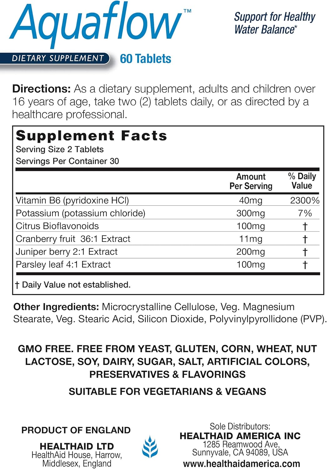 HealthAid Aquaflow Capsules - Promotes Healthy Water Balance & Reduces Water Retention Symptoms - 60 Vegan Capsules