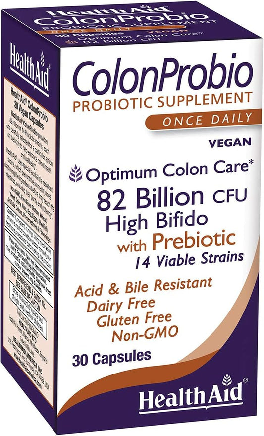 HealthAid ColonProbio 82 Billion Probiotic with Prebiotic, 14 Strains - Optimum Colon Care, Acid & Bile Resistant - 30ct, Once Daily, Dairy Free