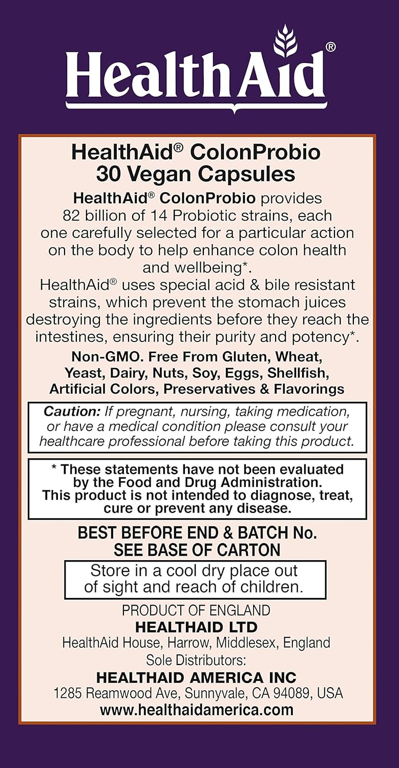 HealthAid ColonProbio 82 Billion Probiotic with Prebiotic, 14 Strains - Optimum Colon Care, Acid & Bile Resistant - 30ct, Once Daily, Dairy Free