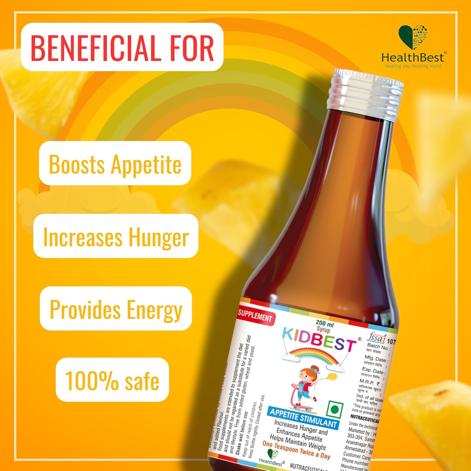 HealthBest Kidbest Appetite Stimulant Syrup for Children 3-13 Years | Boost Hunger | Support Healthy Weight | Gluten-Free Formula with L-Lysine HCI and B Vitamins | 200 ml