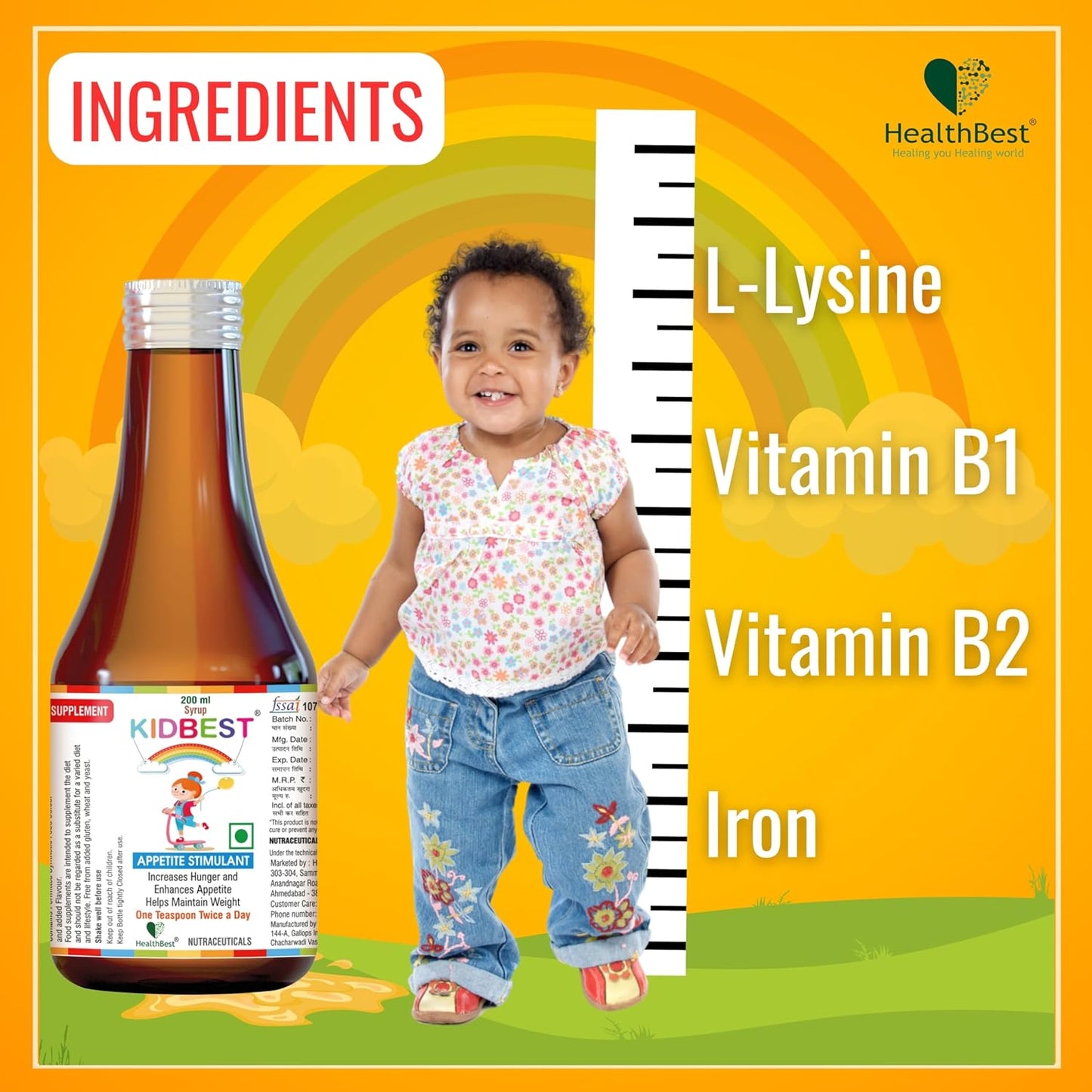 HealthBest Kidbest Appetite Stimulant Syrup for Children 3-13 Years | Boost Hunger | Support Healthy Weight | Gluten-Free Formula with L-Lysine HCI and B Vitamins | 200 ml