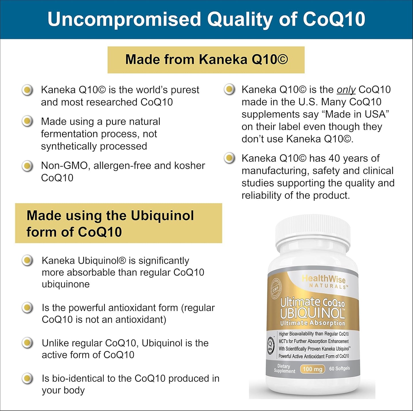 HealthWise Naturals Ubiquinol CoQ10 100mg - Maximum Absorption & Potency - Non-GMO/Soy Free - Kaneka Ubiquinol - 60 Softgels