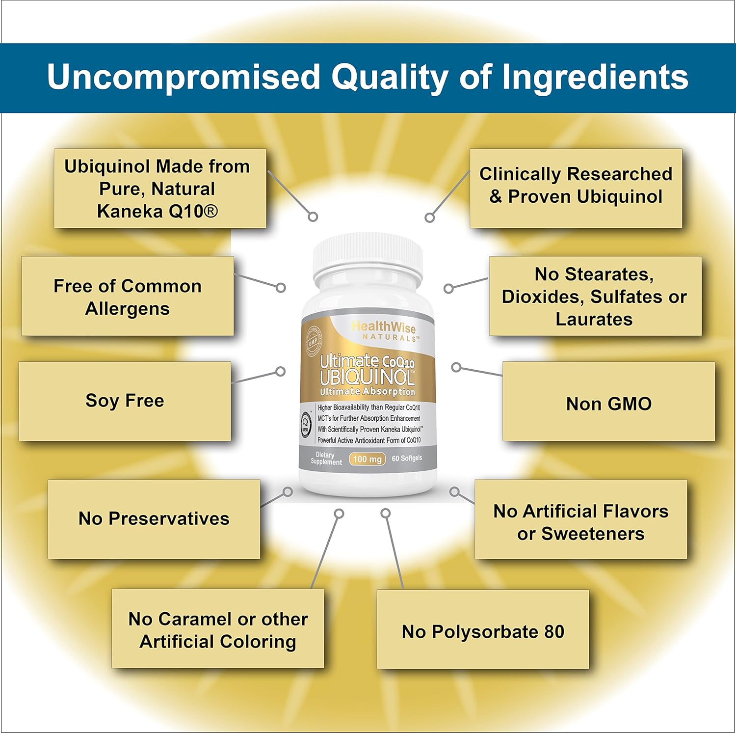 HealthWise Naturals Ubiquinol CoQ10 100mg - Maximum Absorption & Potency - Non-GMO/Soy Free - Kaneka Ubiquinol - 60 Softgels