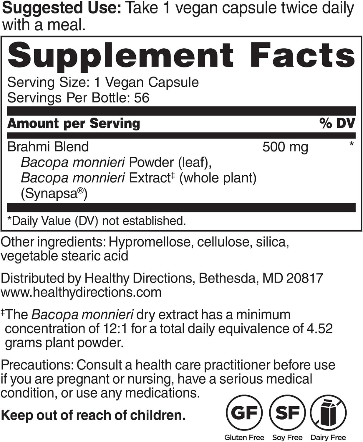 Healthy Directions Dr. Chaudhary’s Prajna Ayurveda Brahmi Formula with Synapsa for Memory - 500 mg Vegan, Gluten & Soy-Free