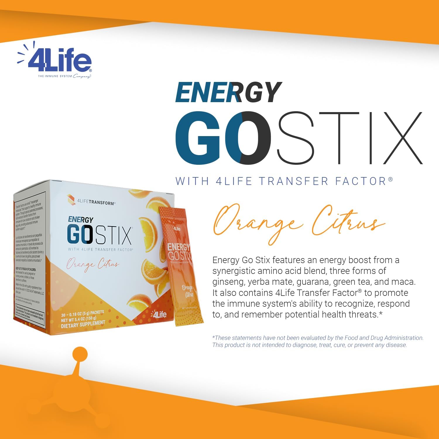 Healthy Energy Drink Mix with Guarana, Maca, Yerba Mate, and Green Tea - 30 Packets, Orange Citrus Flavor