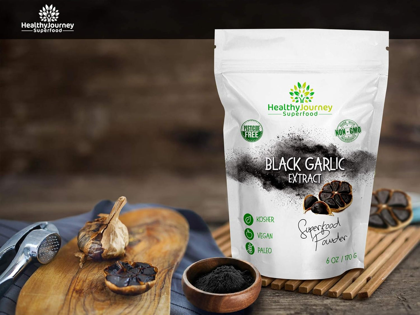 HealthyJourney Superfood Black Garlic Extract Powder - Pesticide Free, Non-GMO, Vegan, Gluten Free - Antioxidant Rich - 6 OZ