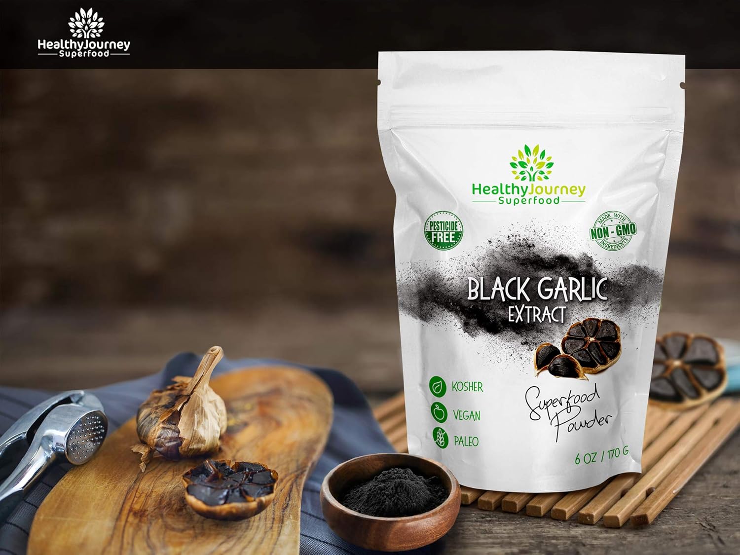 HealthyJourney Superfood Black Garlic Extract Powder - Pesticide Free, Non-GMO, Vegan, Gluten Free - Antioxidant Rich - 6 OZ