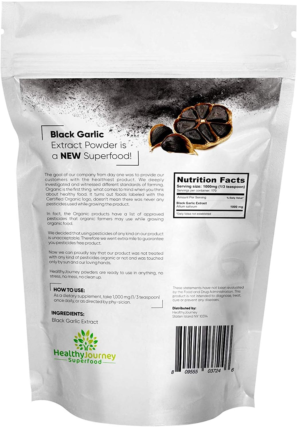 HealthyJourney Superfood Black Garlic Extract Powder - Pesticide Free, Non-GMO, Vegan, Gluten Free - Antioxidant Rich - 6 OZ