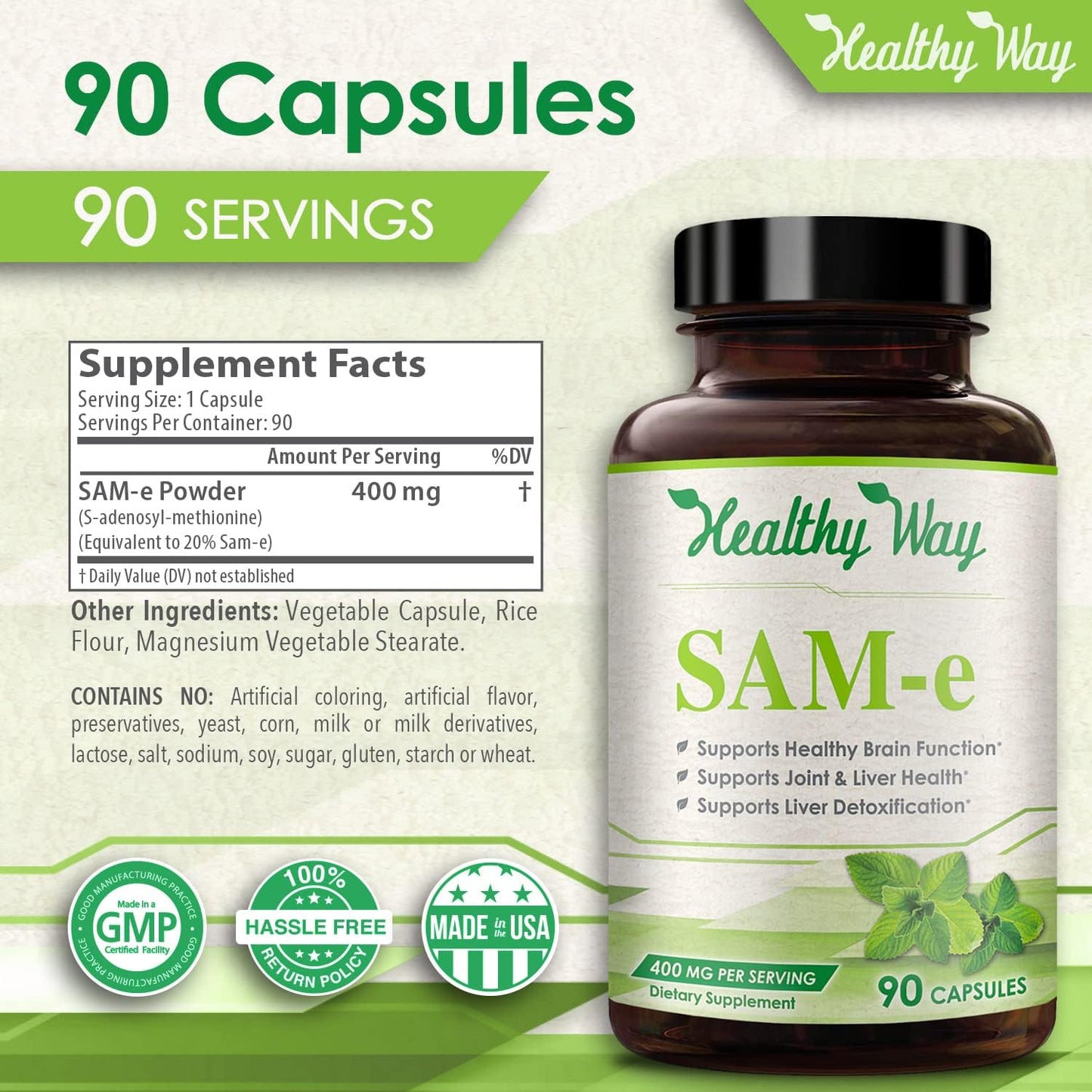 HealthyWayRx SAM-e 400mg - S-Adenosyl Methionine Capsules, 90 Count, Non GMO- Supports Joint Health, Mood, and Liver Function