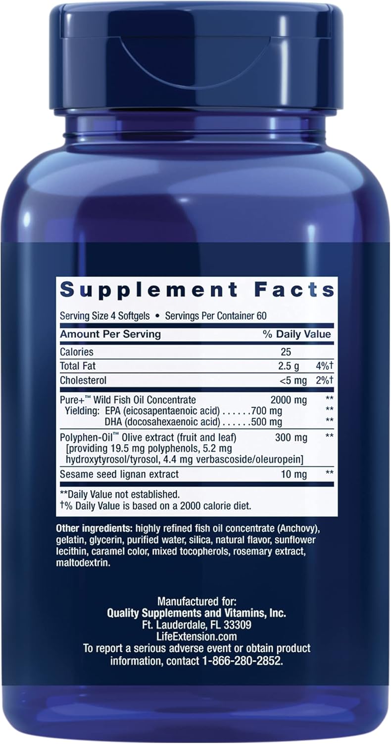 Heart and Brain Support Omega 3 Supplement with Fish Oil, Sesame Lignans, and Olive Extract - 240 Softgels - Gluten Free, Non-GMO