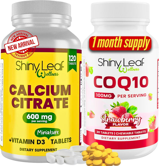Heart, Bone, and Energy Support Bundle: Shiny Leaf COQ10 100mg, Calcium Citrate, and Vitamin D3 - 30 Chewable Tablets + 120 Caplets, 1 Month Supply