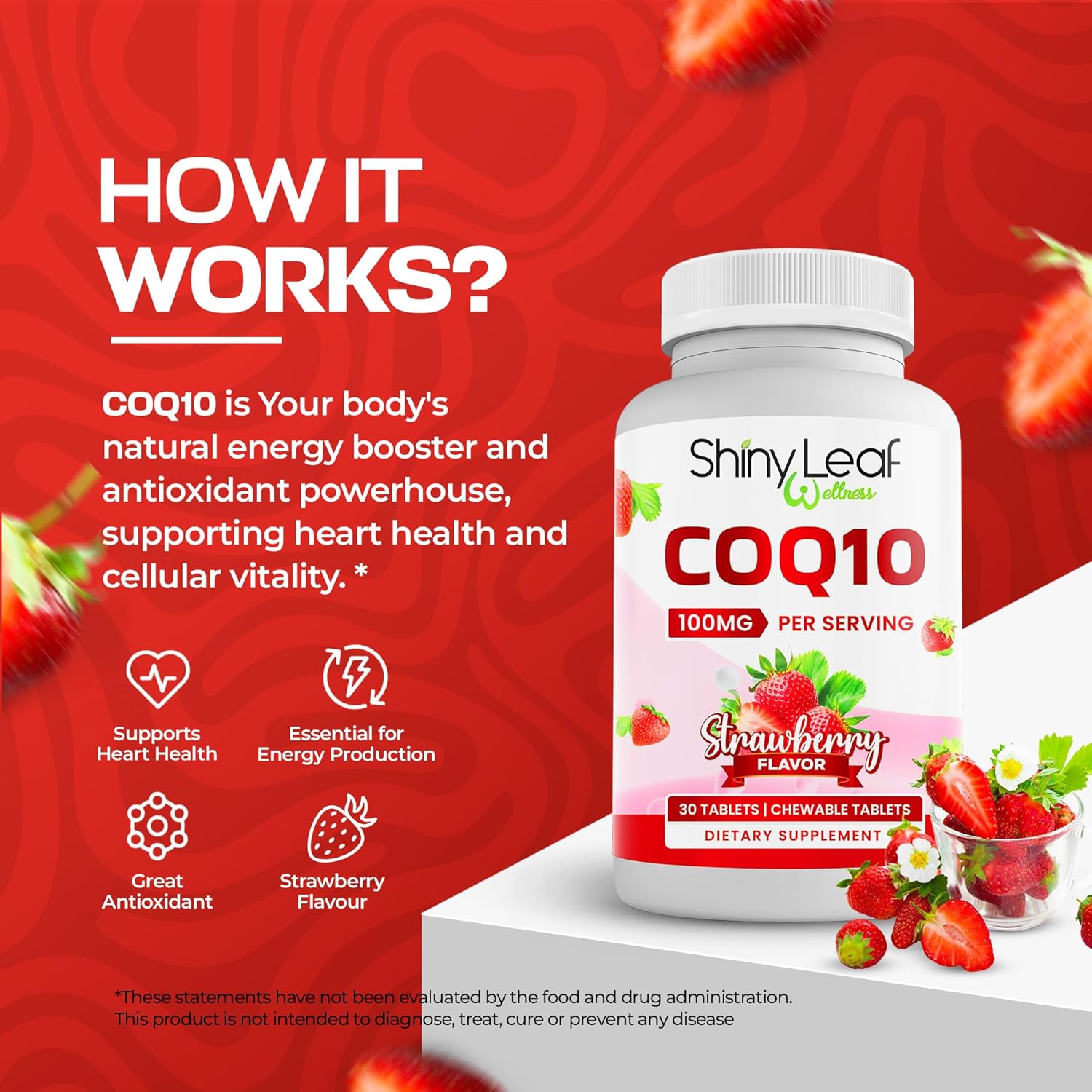 Heart, Bone, and Energy Support Bundle: Shiny Leaf COQ10 100mg, Calcium Citrate, and Vitamin D3 - 30 Chewable Tablets + 120 Caplets, 1 Month Supply