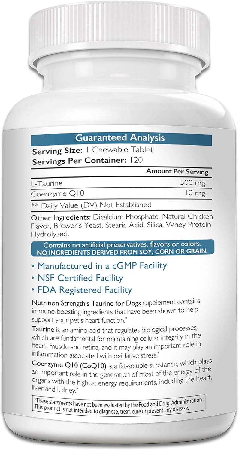 Heart Health Support for Dogs: Taurine Supplement with Coenzyme Q10, 120 Chewable Tablets for Healthy Heart Function and Inflammatory Disease Resistance