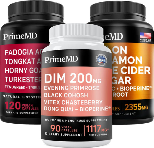 Heart, Hormone, Testosterone & Immune Support Bundle with PrimeMD Ceylon Cinnamon, Fadogia Tongkat Ali, and Menopause Support - Non-GMO, Vegan, Gluten-Free