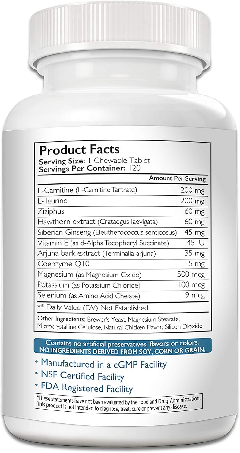 Heart Support Supplement for Dogs with Taurine & Carnitine, Promotes Cardiovascular Health, 120 Chewable Tablets