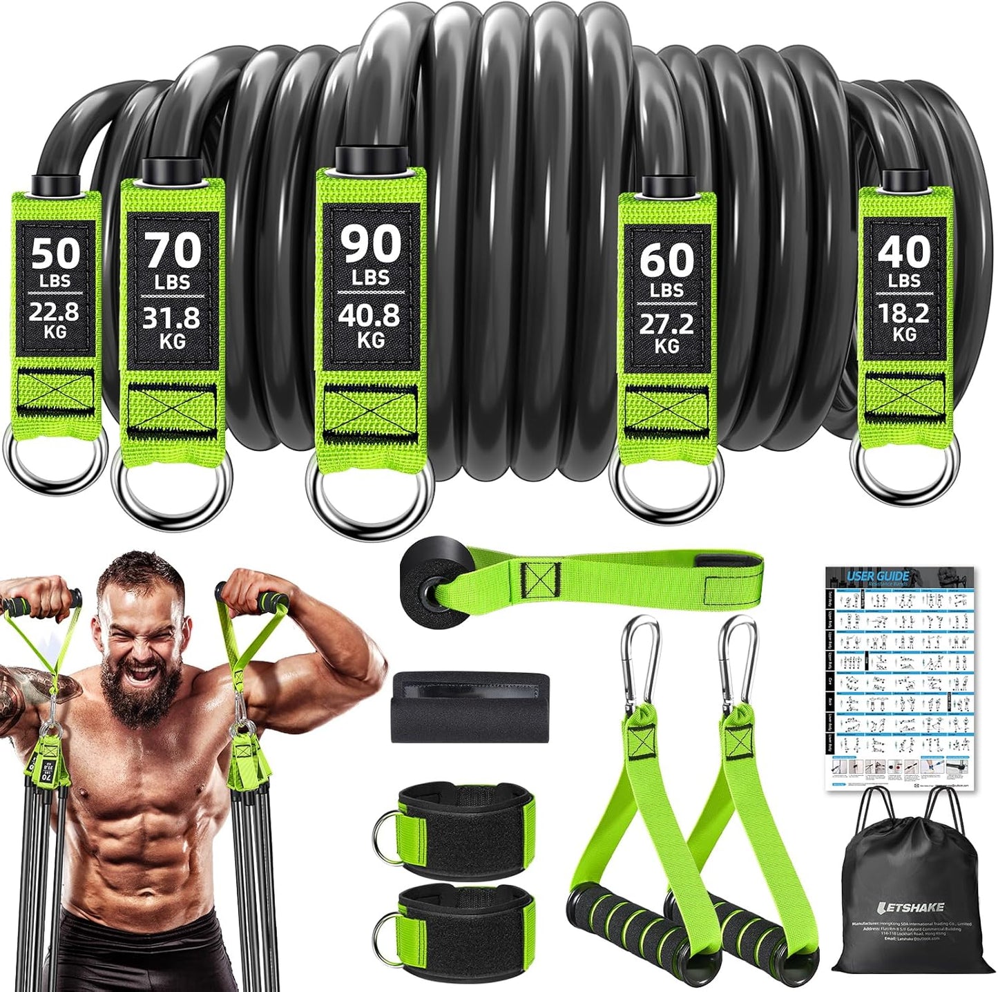 Heavy Duty LETSHAKE Resistance Bands Set - 310 lbs Workout Bands for Men, Fitness Home Workouts - Exercise Bands with Handles for Muscle Training, Strength, Slimming, Yoga