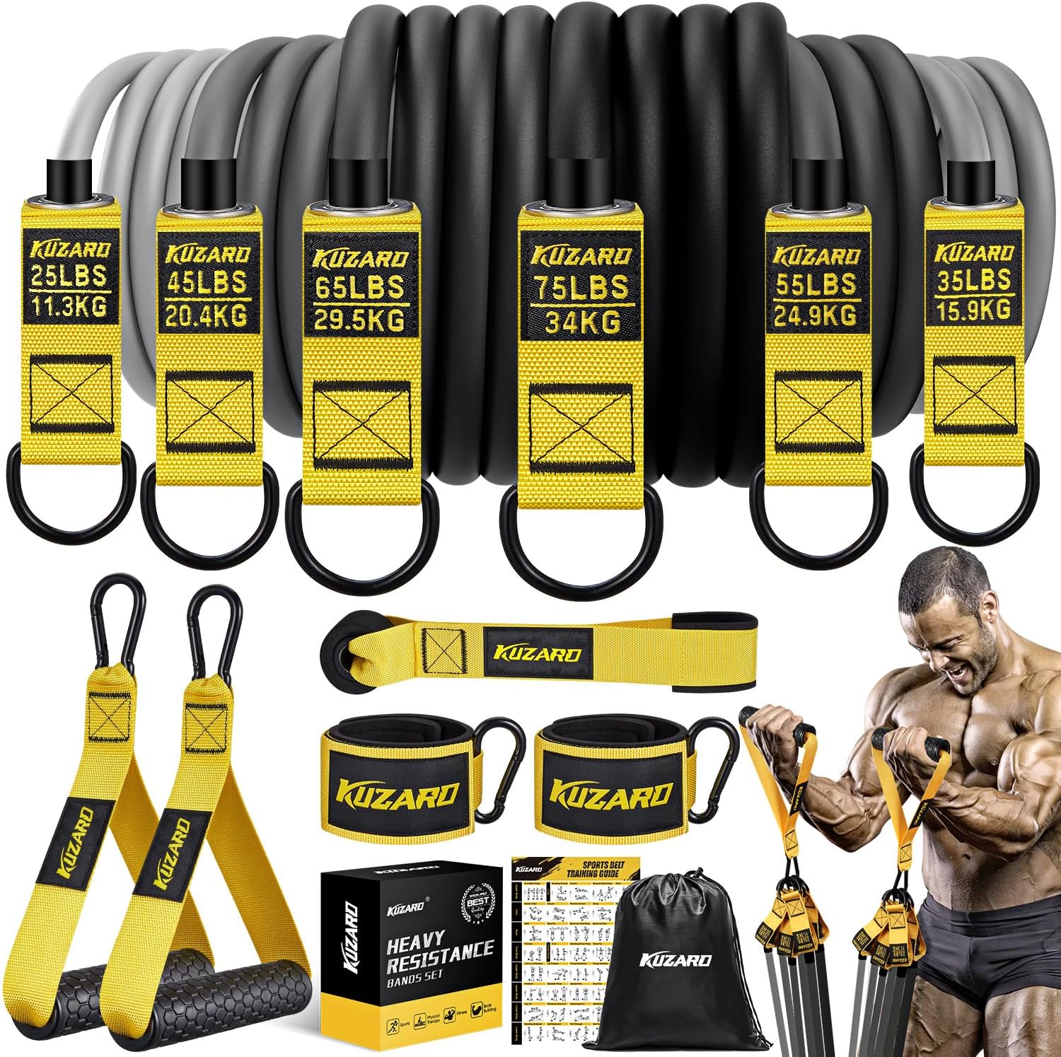 Heavy Duty Resistance Bands Set for Men - 300lbs/360lbs Exercise Bands with Handles for Muscle Training, Strength, Yoga - Home Gym Equipment by KUZARO