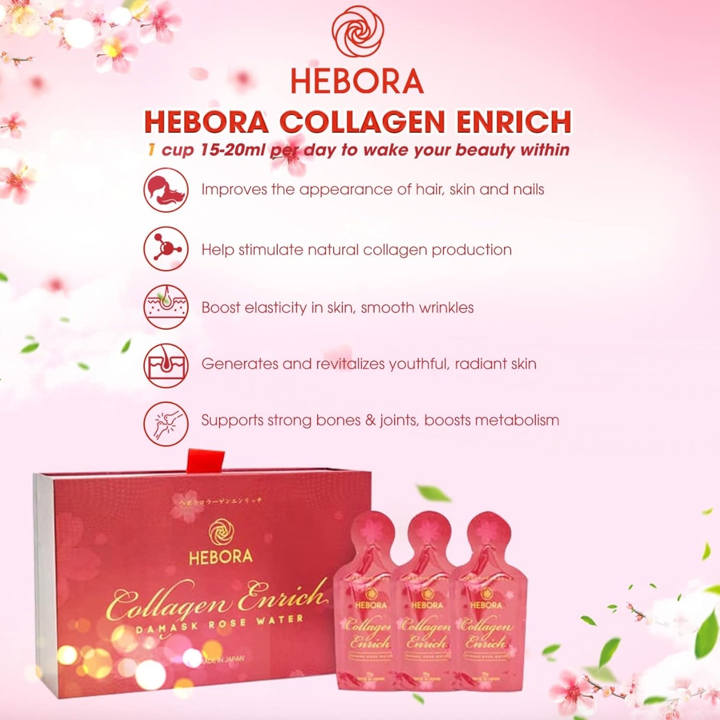 HEBORA Collagen Enrich Japan - 160,000mg Marine Collagen Peptide for Hair, Nails, Skin, and Joints - 28 Bags
