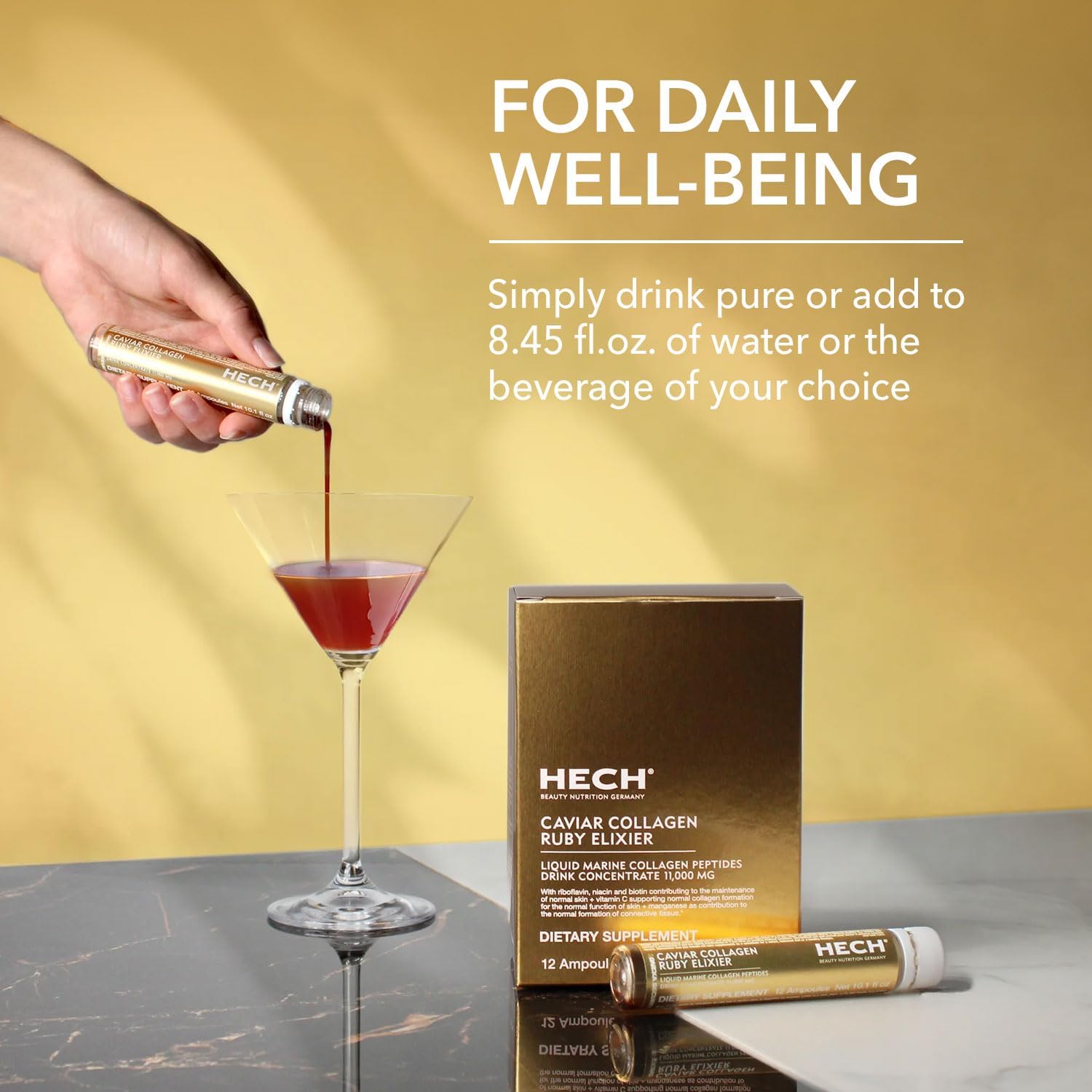HECH Caviar Collagen Ruby Elixier - Beauty Supplement with Marine Collagen Peptides and Vita-Mineral Nutrients