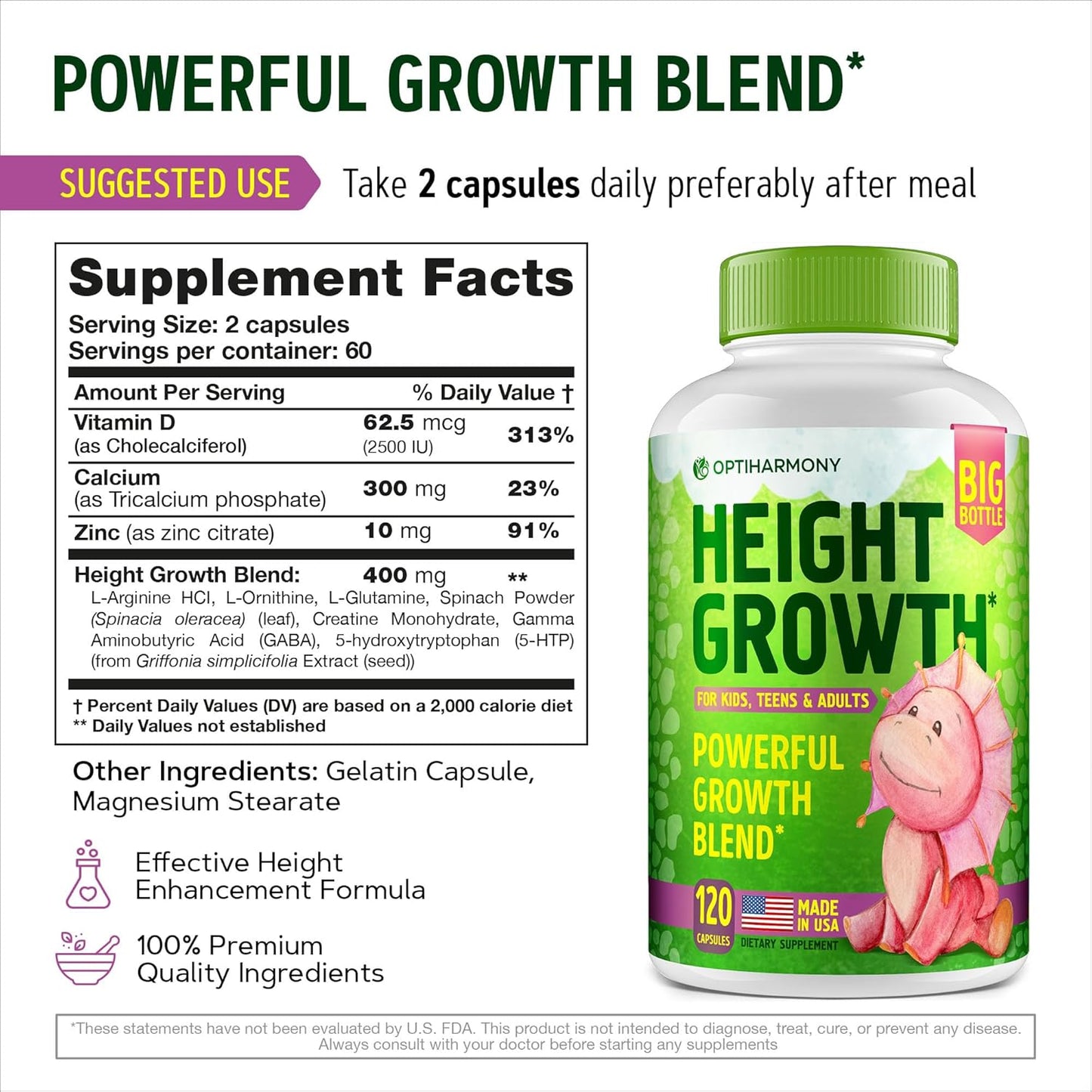 Height Growth Maximizer: Pack of 2 Natural Height Increase Booster Pills - Bone Growth for Adults, Teens, Kids - Made in USA - Vitamins for Boys & Girls - 120 capsules