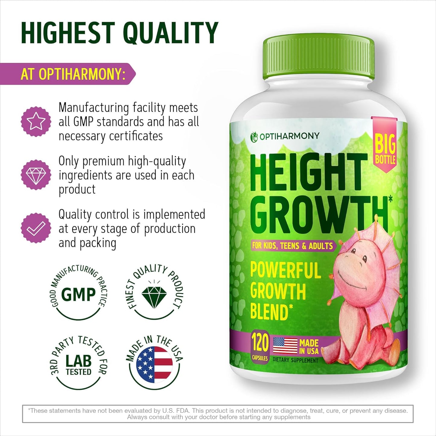 Height Growth Maximizer: Pack of 2 Natural Height Increase Booster Pills - Bone Growth for Adults, Teens, Kids - Made in USA - Vitamins for Boys & Girls - 120 capsules