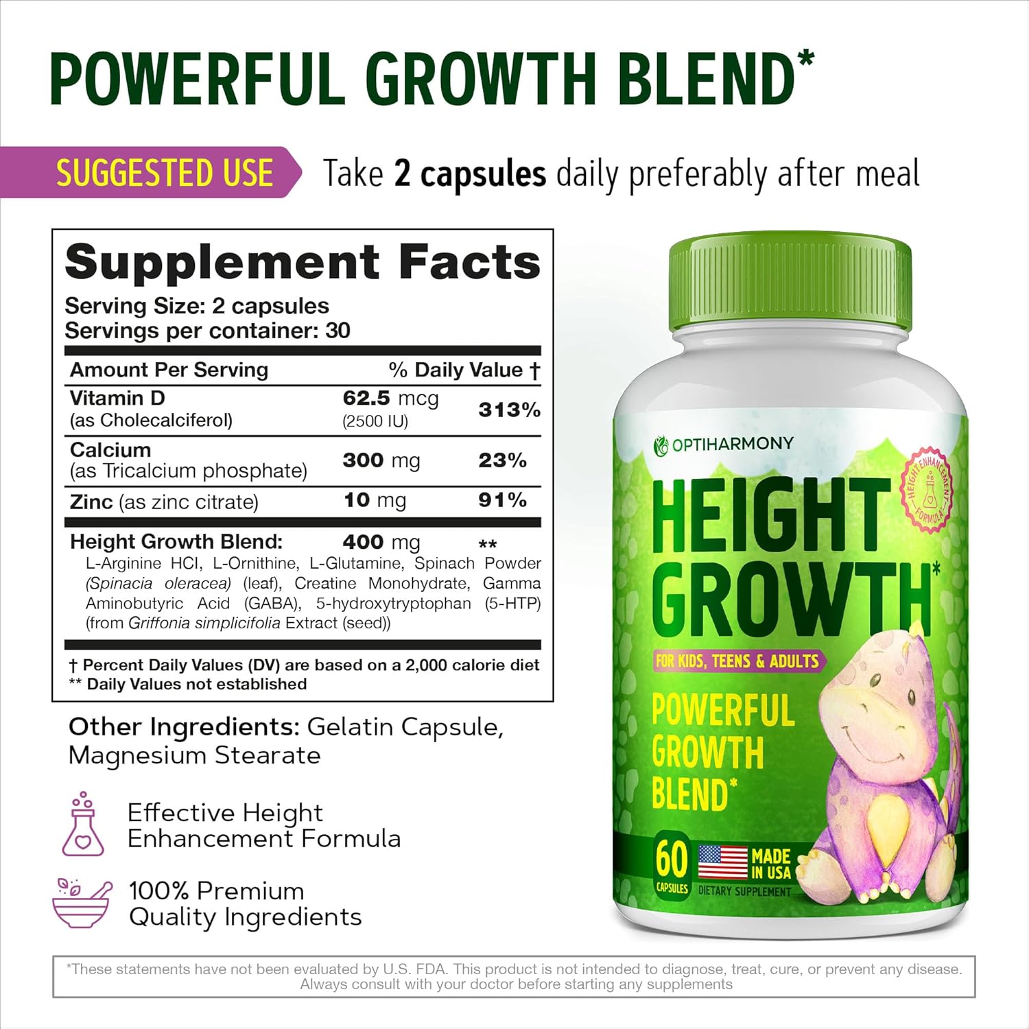 Height Growth Maximizer Supplement - Natural USA-Made Grow Taller Pills for Adults, Teens & Kids - Bone Growth Vitamins for Increased Height