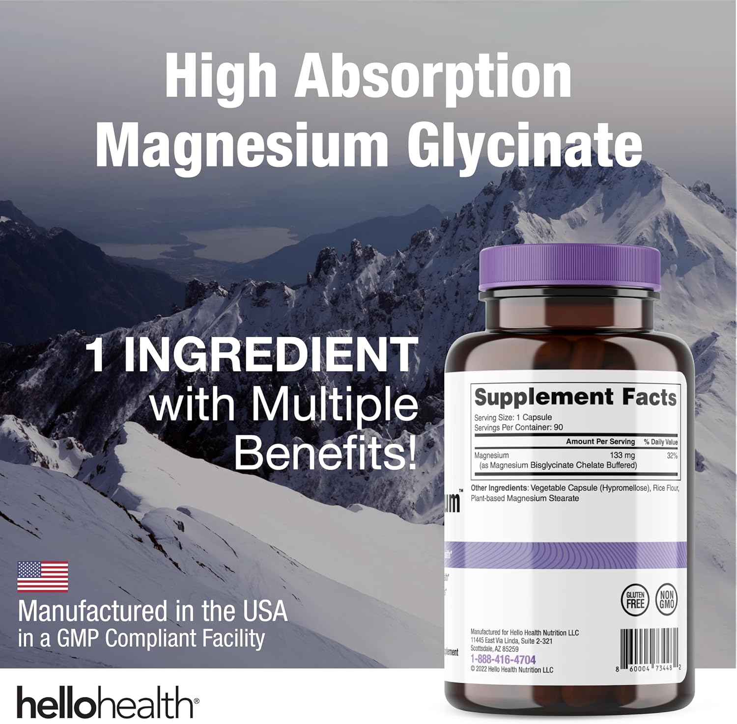 HELLO HEALTH Magnesium Bisglycinate Supplement 400mg - Chelated Magnesium Capsules for Calm, Sleep, Muscle Recovery, Joint Support - 90 ct x 4 Pack